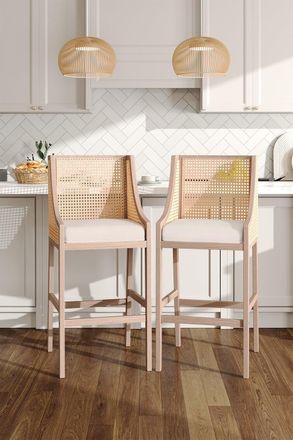 H&O Direct 2 Pcs Beige Rattan Bar Stools with Backrest