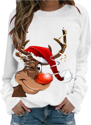 Generic Womens Christmas Reindeer Print Sweatshirt Long Sleeve Casual Pullover Tops Festive Holiday Jumper Cute Xmas Graphic O Neck Loose Fit Blouse Soft Warm