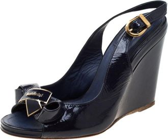 Baldinini Blue Leather Bow Wedge Ankle Strap Sandals
