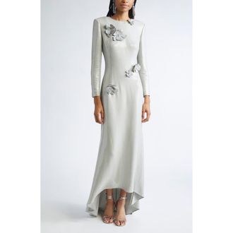 Oscar De La Renta Embroidered Cherry Blossom Long Sleeve Sequin Gown in Pewter at Nordstrom, Size 2
