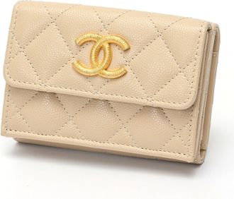 Chanel Beige Grained Calfskin Wallet (Tri-Fold) (Pre-Owned)