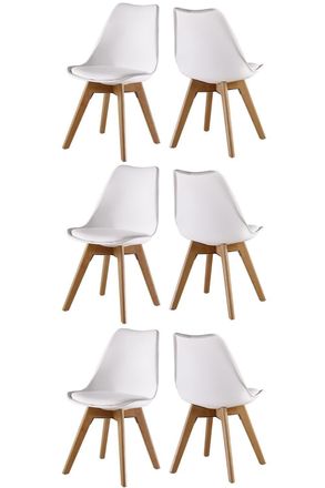 Life Interiors Set of 6 Scandinavian Dining Chairs Leather Cushions Solid Wood Legs in White