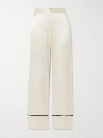 Kiki De Montparnasse Pantaloni A Gamba Larga In Charmeuse Di Seta Profilato - Ecru