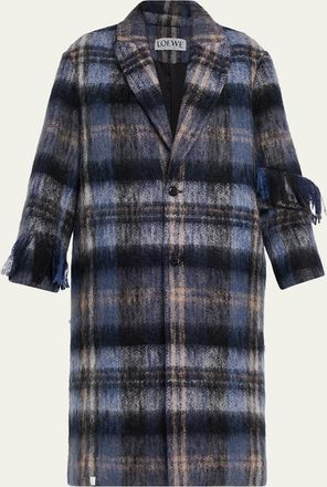 Loewe Single-Breasted Plaid Wool Fringe Long Coat