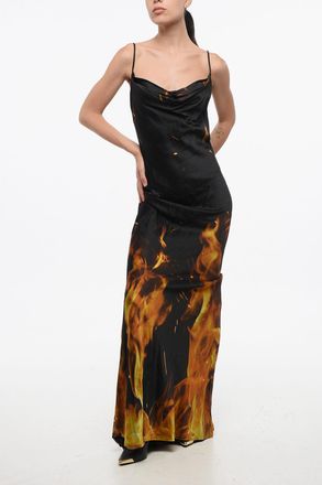 Balmain Vestito Lungo in Raso con Stampa Fiamme Balmain