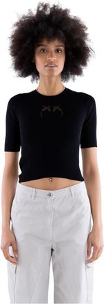 Pinko Love Birds Ribbed Top - Dames - Ronde hals truien - Zwart - S - Katoen - Truien & Vesten