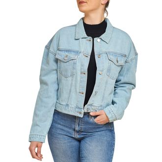 Generic Oversized Denim Jackets Women, Cropped Fit Heavy Stone Wash Ladies Jeans Top Girls Long Sleeve Casual Outwear - Blue - XX-Large