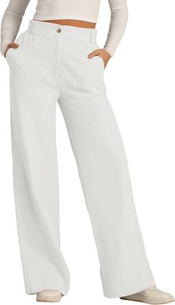 Generic Womens Cotton Linen Wide Leg Trousers - Solid Colour Button Down Casual Pants with Pockets Straight Leg Loose Fit Comfortable Office Wear & Smart Leis