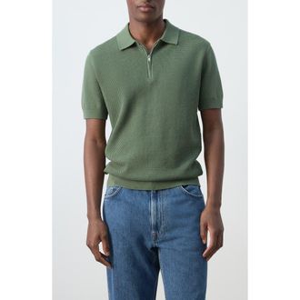 Mango Solid Cotton Waffle Zip Polo Sweater in Green at Nordstrom, Size Medium