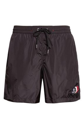 Moncler Logo Patch Swim Trunks in Black at Nordstrom, Size Xx-Large
