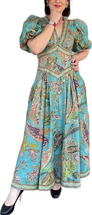 Generic Ladies Vintage Floral Print Puff Short Sleeve Long Dresses Deep V Neck Maxi Dress with Handy Pockets