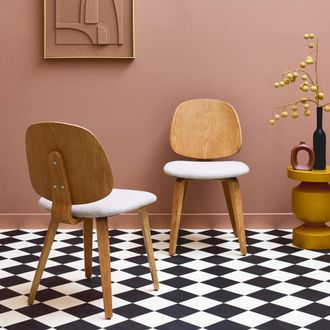 Sweeek Silla de madera de &aacute;lamo curvado chapado en roble y boucl&eacute;