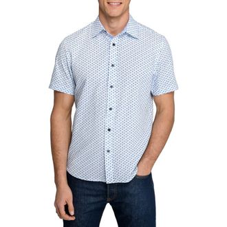 ConStruct Slim Fit Falling Feathers Seersucker Short Sleeve Shirt in White/blue at Nordstrom, Size Xx-Large