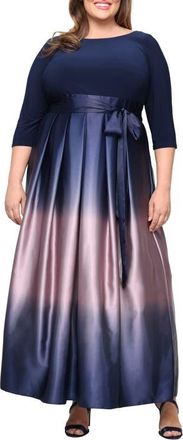 S.L. Fashions Three-Quarter Sleeve Jersey Bodice Ombr&eacute; Satin A-Line Gown in Navy/mauve at Nordstrom, Size 14W