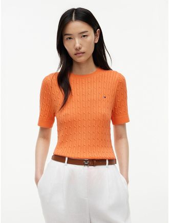 Tommy Hilfiger Womens Short-Sleeve Cable Knit Sweater - Orange - XL
