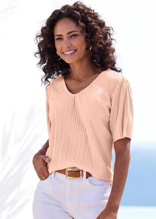 Lascana Plisseeshirt LASCANA, Damen, Gr. 32/34, peach, Jersey, Obermaterial: 65% Polyester, 35% Viskose, unifarben, l&auml;ssig geschnitten normal, V-Ausschnitt, o