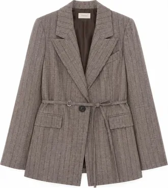 DIEGA Tailored Pinstripe Blazer with Classic Notched Lapel and Cinched Waist