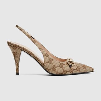 Gucci Womens Slingback Pump With Horsebit, Beige, Original GG Fabric