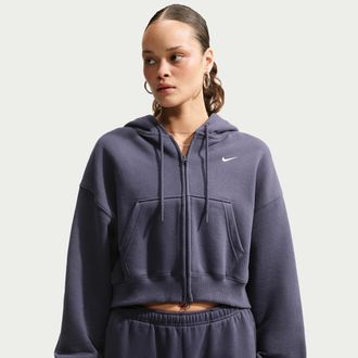 Nike Womens Studio Fleece Medium Weight Oversized Full-Zip Cropped Hoodie in Grey | IM8499-013