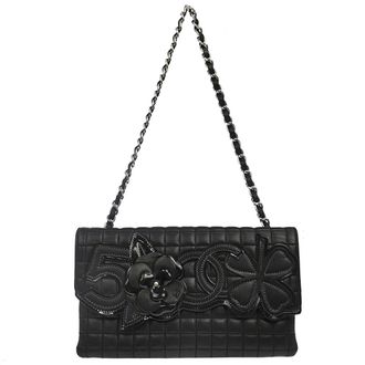 Chanel Camellia No.5 Chain Flap Quilted Lambskin Black Leather Handbag (Pre-Owned)
