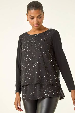 Roman Foil Print Chiffon Overlay Tunic Top