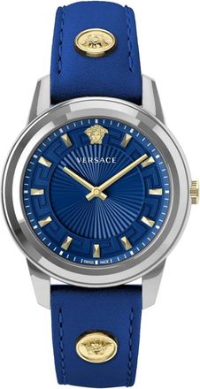 Versace Greca Leren Armbandhorloge met Studs - Dames - Horloges - Blauw - ONE Size - Accessoires