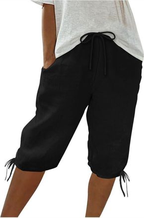 Generic Womens Cotton Linen Shorts Casual Knee Length Bermuda Shorts Summer Beach Lightweight Drawstring Ankle Strap Capri Pants (UK, Alpha, L, Regular, Regul