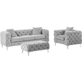 Vente-Unique Vente-unique - Divano 3 posti, poltrona e pouf chesterfield in velluto grigio - edwina