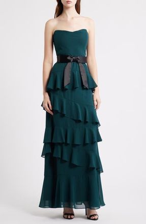 Lulus Amalia Strapless Ruffle Tiered Gown in Emerald at Nordstrom, Size Medium
