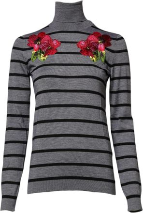 Dolce & Gabbana Womens Floral-Embroidered Striped Sweater Gray Cashmere Silk