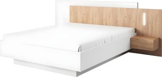 Vente-Unique Cama con mesitas de noche 160 x 200 cm - 2 cajones - Con LEDs - Blanco y natural - FRANCOLI