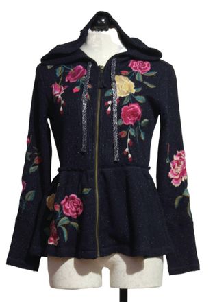 Johnny Was Womens Peplum Thermal Hoodie In Metallic Navy