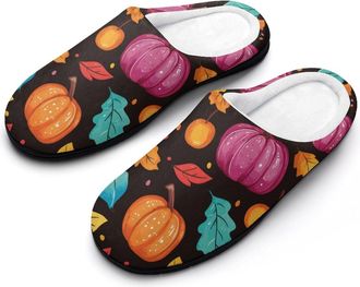 Generic Thanksgiving Colorful Pumpkins Slippers Men Winter Warm Cotton Anti-Slip Indoor Slip-Ons House Shoes