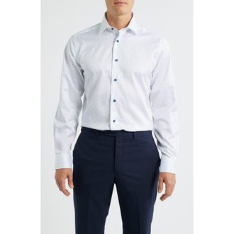 David Donahue Trim Fit Neat Print Cotton Dress Shirt in White/Navy at Nordstrom Rack, Size 14.5 - 32/33