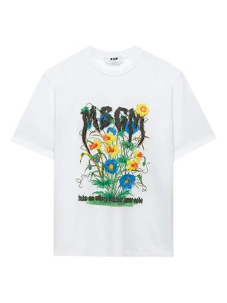 Msgm floral-embellished logo T-shirt - women - Fabric - M - White