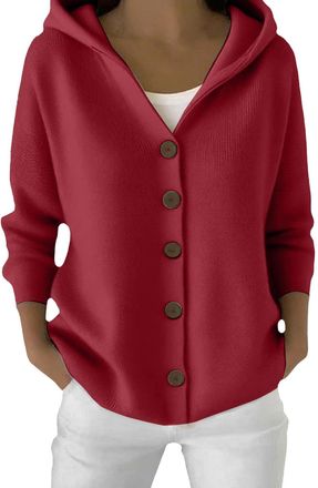 Generic Jumper for Women Button Down Cozy Hooded Knitted Cardigan Autumn Winter Plain Outerwear (Red, M)