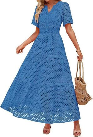 Generic Womens Maxi Dress - Summer Elegant Boho Dresses V Neck Hollow Out Eyelet Swing A Line Cotton Long Flowy Beach Vacation Evening Dresses Beach Outfit We