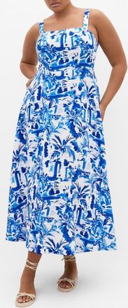 City Chic Collins Print Maxi Dress in Blue Palm at Nordstrom, Size 3Xl