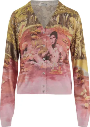 Versace Multicolor Naturist Print Silk Cardigan