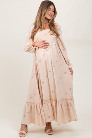 Pinkblush Long Sleeve Floral Accent Dress in Cream at Nordstrom, Size Small