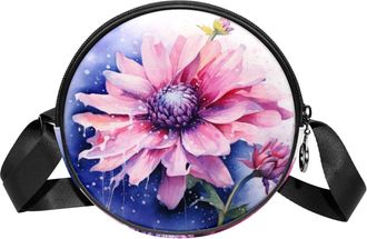 Generic Circle Crossbody Bag for Women, Watercolor Flower Small Sling Bag Daypack with Zipper Adjustable Shoulder Straps Casual Ladies Girls Round Purse