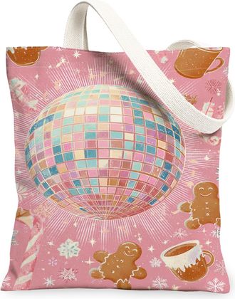 Generic Christmas Disco Ball Canvas Tote Bags, Gingerbread Pattern Reusable Grocery Bags, Holiday Lightweight Washable Canvas for T, Peach, 13x15 Inch