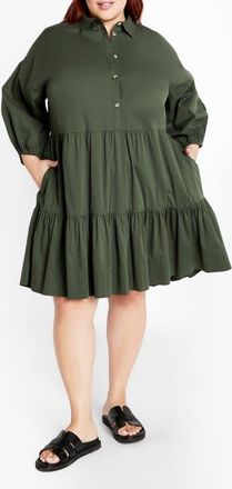 City Chic Kiara Balloon Sleeve Tiered Shirtdress in Khaki at Nordstrom, Size Xxs