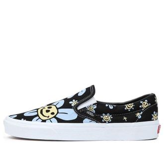 Vans Classic Slip-On Casual Skateboarding Shoes Unisex Black Blue Flowers Pattern Black Blue Yellow VN0A5JMHY23