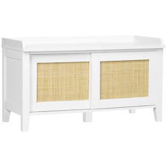 HOMCOM Zapatero Con Banco Integrado, 2 Puertas, Estilo Rat&aacute;n, Carga M&aacute;xima 130 Kg, Para Entrada, 80 X 35 X 45 Cm, Blanco Y Natural