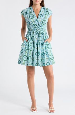 Derek Lam Tora Floral Print Shirred Dress in Blue Medallion at Nordstrom Rack, Size 00