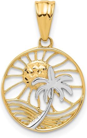 Diamond2Deal 14k Yellow Gold with White Rhodium Ocean and Palm Tree Round Pendant