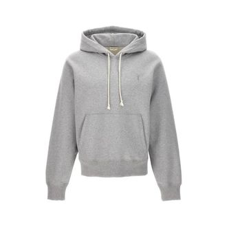 Saint Laurent Hoodies, male, Gray, Size: XL Hooded Cotton Sweatshirt with Cassandre Embroidery