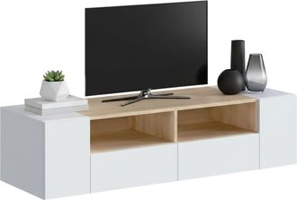 Dmora Soporte De Tv Dmolino, Aparador De Televisi&oacute;n De Sal&oacute;n, Soporte De Televisi&oacute;n Moderno, Aparador Bajo Multiusos, 138x42h36 Cm, Blanco Y Roble - Dmora