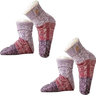 Generic Knitted Ultra-Thick Slipper Home Socks, 2026 New Non-Slip Tri-color Knit Patchwork Non-Slip Warm Winter Socks, Soft And Comfortable (2Purple)
